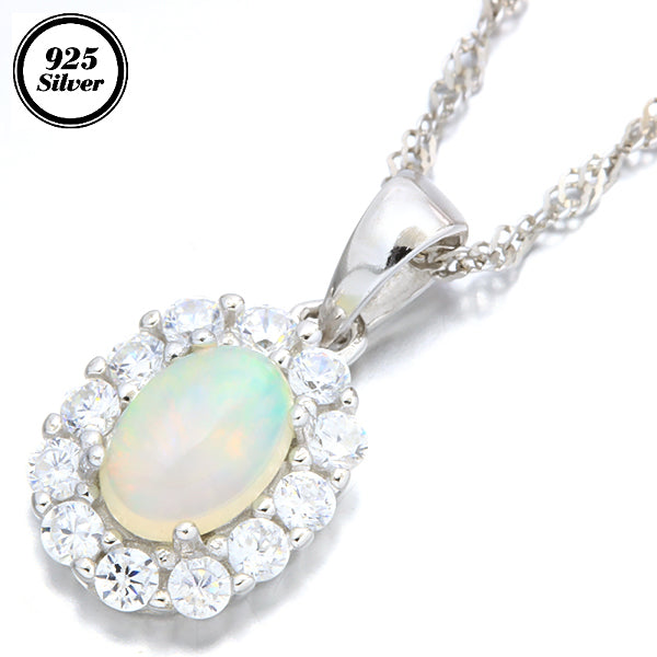 JLUXS OVAL 5X7MM GENUINE ETHIOPIAN OPAL & CREATED WHITE TOPAZ 925 STERLING SILVER PENDANT
