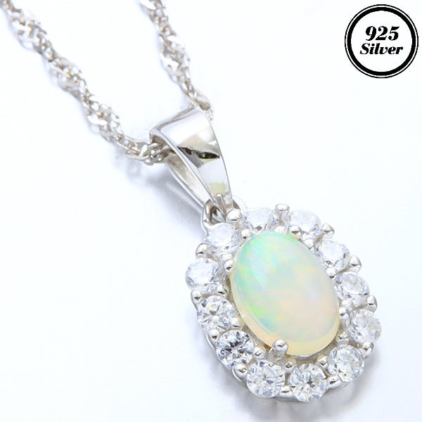 JLUXS OVAL 5X7MM GENUINE ETHIOPIAN OPAL & CREATED WHITE TOPAZ 925 STERLING SILVER PENDANT