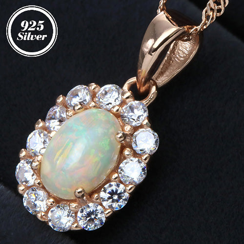 JLUXS OVAL 5X7MM GENUINE ETHIOPIAN OPAL & CREATED WHITE TOPAZ 925 ROSE STERLING SILVER PENDANT