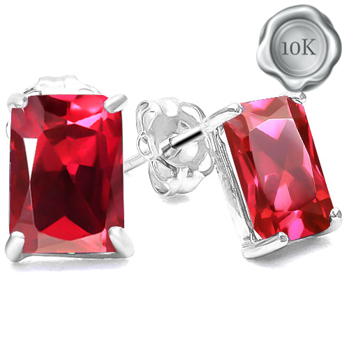 JLUXS OCTAGON CUT 5X7MM 2.00 CTS GENUINE GLASS-FILLED RUBY 10KT SOLID WHITE GOLD EARRINGS