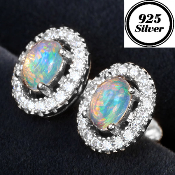JLUXS Lovely Ladies White Gold Rhodium Over Sterling Silver Genuine Opal & Created White Sapphire Earrings