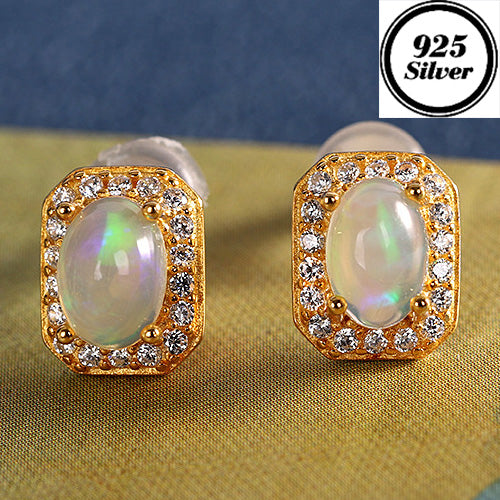 JLUXS Elite Ladies Yellow Gold Rhodium Over Sterling Silver 4/5 Cts Genuine Opal & Created White Sapphire Earrings