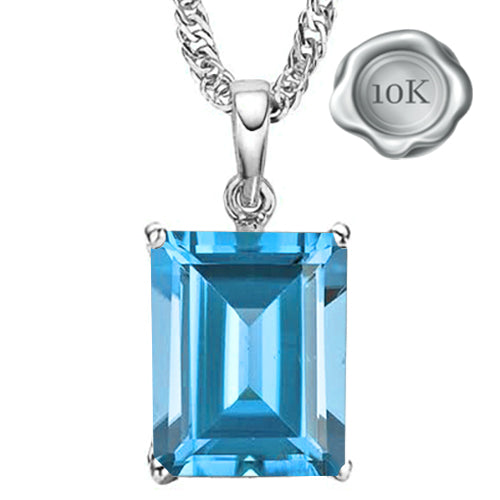 JLUXS EMERALD CUT 4X6MM BLUE TOPAZ 10KT SOLID WHITE GOLD PENDANT