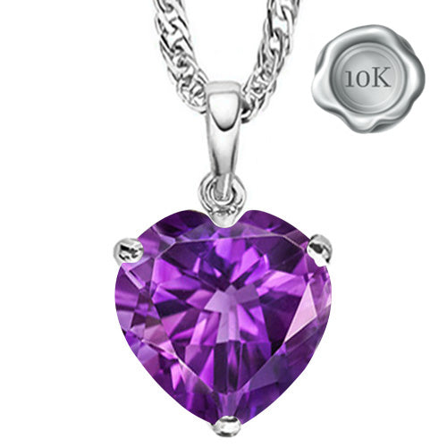 JLUXS HEART CUT 6MM AMETHYST 10KT SOLID WHITE GOLD PENDANT