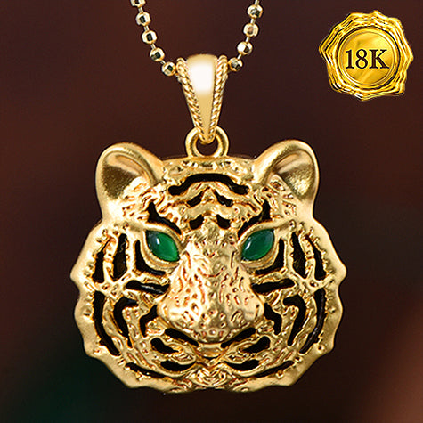 JLUXS GREEN GARNET & BLACK GARNET 18KT SOLID YELLOW GOLD TIGER PENDANT