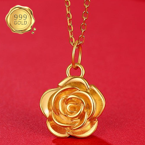 JLUXS THREE DIMENSIONAL 24KT SOLID YELLOW GOLD PLATED HOLLOW ROSE PENDANT