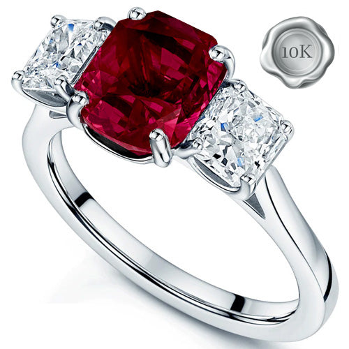 JLUXS GLAMOROUS 2.00 LAB GROWN MOZAMBIQUE RUBY & 1.60 CTS DIAMOND MOISSANITE (RADIANT CUT/VVS) 10KT WHITE SOLID GOLD RING