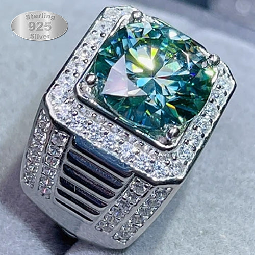 JLUXS (Gra Certificate Report) Brilliant Mens White Gold Rhodium Over Sterling Silver Created White Sapphire and 5.00 Cts Blue Diamond Moissanite Designer Ring