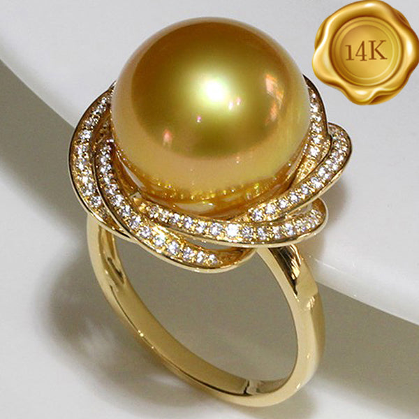 JLUXS 10-11MM GOLDEN SOUTH SEA PEARL & 1/3 CT DIAMOND MOISSANITE (VS) 14KT SOLID GOLD RING