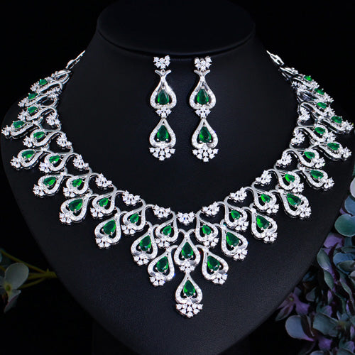 JLUXS Beautiful Ladies White Gold Rhodium Over Sterling Silver Created White Sapphire & Created Emerald Set