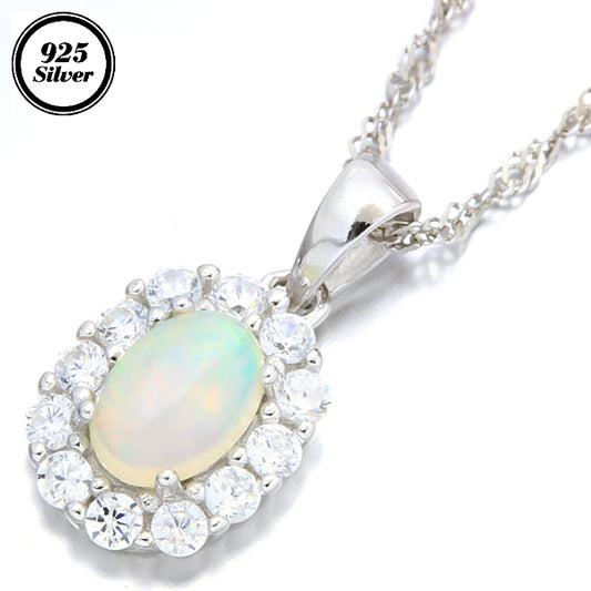 JLUXS OVAL 5X7MM GENUINE ETHIOPIAN OPAL & CREATED WHITE TOPAZ 925 STERLING SILVER PENDANT