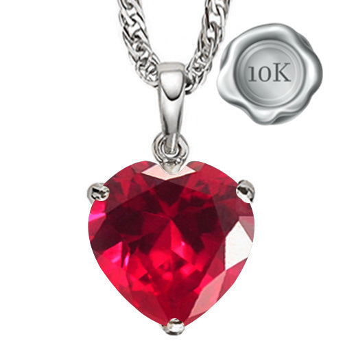 JLUXS HEART CUT 1.00 CTS  GENUINE GLASS-FILLED RUBY 10KT SOLID WHITE GOLD PENDANT
