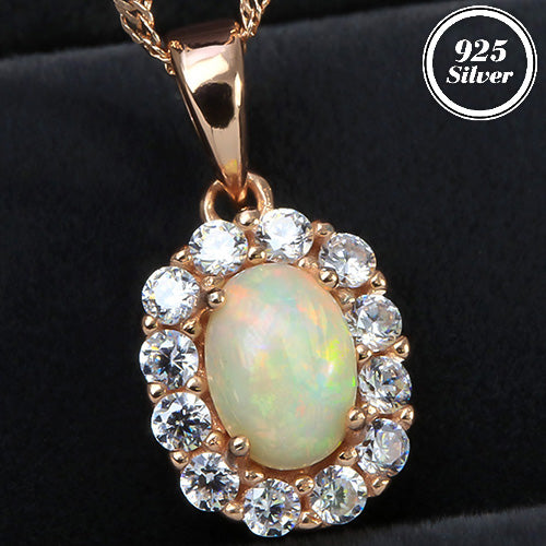 JLUXS OVAL 5X7MM GENUINE ETHIOPIAN OPAL & CREATED WHITE TOPAZ 925 ROSE STERLING SILVER PENDANT