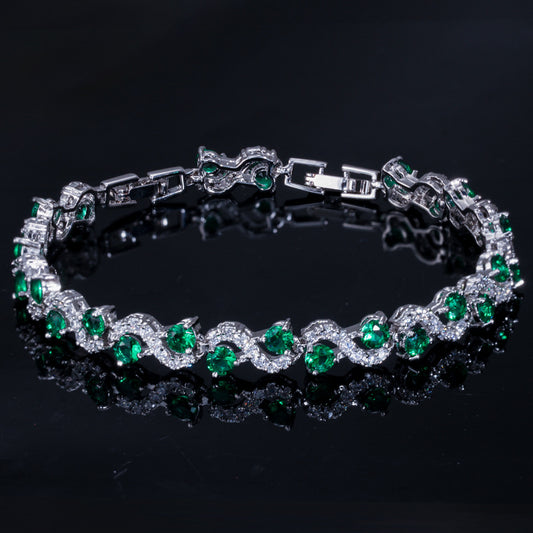 JLUXS Ideal Ladies White Gold Rhodium Over Sterling Silver Created Emerald & Created White Diamond Bracelet