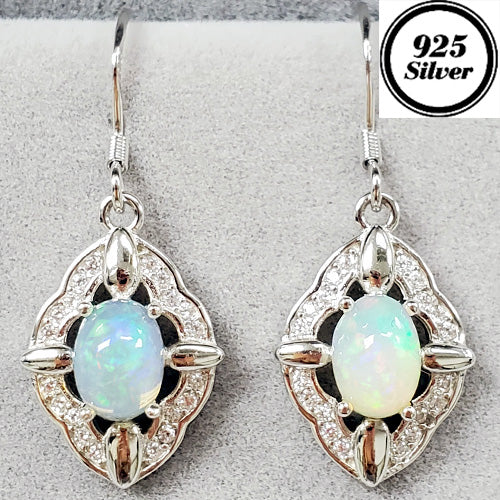 JLUXS Glamorous Ladies White Gold Rhodium Over Sterling Silver 1.20 Cts Genuine Opal & Created White Sapphire Dangle Earrings