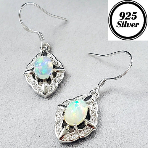 JLUXS Glamorous Ladies White Gold Rhodium Over Sterling Silver 1.20 Cts Genuine Opal & Created White Sapphire Dangle Earrings