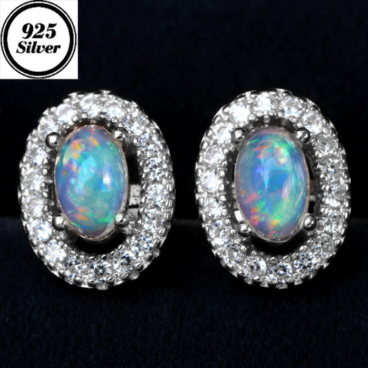 JLUXS Lovely Ladies White Gold Rhodium Over Sterling Silver Genuine Opal & Created White Sapphire Earrings