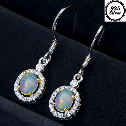 JLUXS Luxuriant Ladies White Gold Rhodium Over Sterling Silver 4X5mm Genuine Opal & Created White Sapphire Dangle Earrings