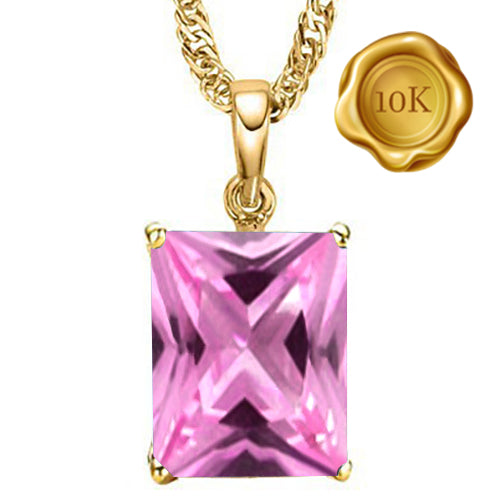 JLUXS EMERALD CUT 4X6MM CREATED PINK SAPPHIRE 10KT SOLID YELLOW GOLD PENDANT