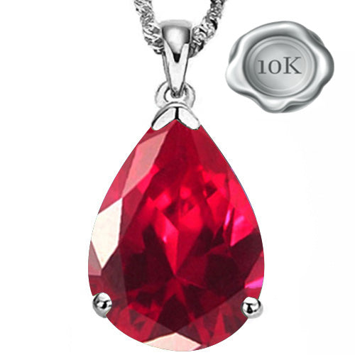 JLUXS PEAR 5X7MM GLASS-FILLED RUBY 10KT SOLID WHITE GOLD PENDANT