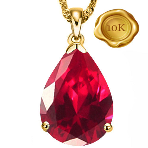 JLUXS PEAR 5X7MM GLASS-FILLED RUBY 10KT SOLID YELLOW GOLD PENDANT
