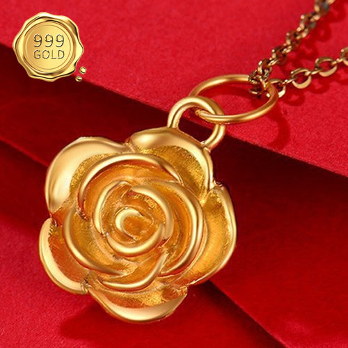 JLUXS THREE DIMENSIONAL 24KT SOLID YELLOW GOLD PLATED HOLLOW ROSE PENDANT