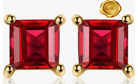 JLUXS SQAURE CUT 6MM 1.80 CTS GENUINE GLASS-FILLED RUBY 10KT SOLID YELLOW GOLD EARRINGS