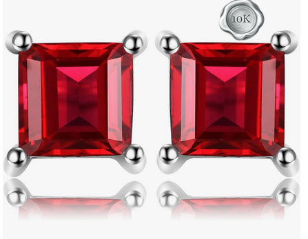 JLUXS SQAURE CUT 6MM 1.80 CTS GENUINE GLASS-FILLED RUBY 10KT SOLID WHITE GOLD EARRINGS
