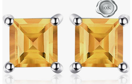 JLUXS SQAURE CUT 6MM 2.00 CTS CITRINE 10KT SOLID WHITE GOLD EARRINGS STUD