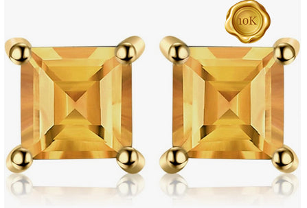 JLUXS SQAURE CUT 6MM 2.00 CTS CITRINE 10KT SOLID YELLOW GOLD EARRINGS STUD