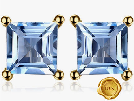 JLUXS SQAURE CUT 6MM 2.00 CTS BLUE TOPAZ 10KT SOLID YELLOW GOLD EARRINGS STUD