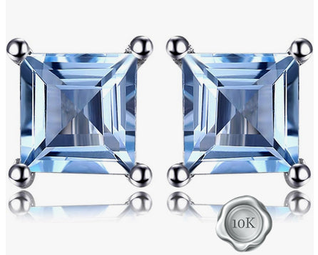 JLUXS SQAURE CUT 6MM 2.00 CTS BLUE TOPAZ 10KT SOLID WHITE GOLD EARRINGS STUD