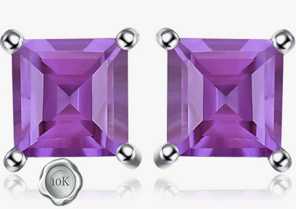JLUXS SQAURE CUT 6MM 1.80 CTS AMETHYST 10KT SOLID WHITE GOLD EARRINGS STUD