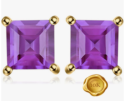 JLUXS SQAURE CUT 6MM 1.80 CTS AMETHYST 10KT SOLID YELLOW GOLD EARRINGS STUD