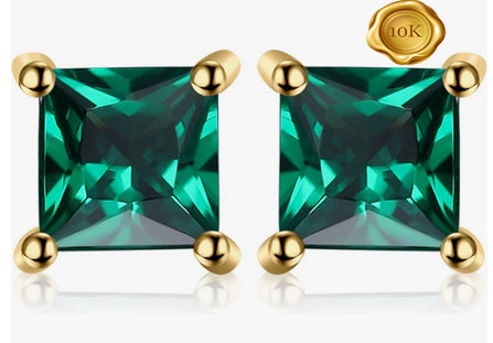 JLUXS SQAURE CUT 6MM 1.50 CTS LAB GROWN ZAMBIAN EMERALD 10KT SOLID YELLOW GOLD EARRINGS STUD