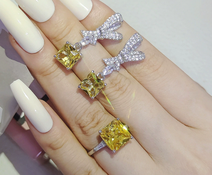 JLUXS Gigantic Womens White Gold Rhodium Over Sterling Silver Created Yellow Diamond & Created White Sapphire Set