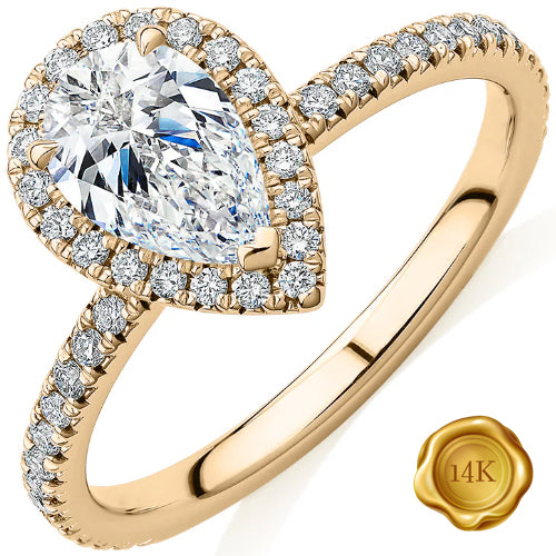 JLUXS (CERTIFICATE REPORT) 1.00 CT DIAMOND MOISSANITE (PEAR CUT/VVS) & DIAMOND MOISSANITE 14KT SOLID YELLOW GOLD ENGAGEMENT RING