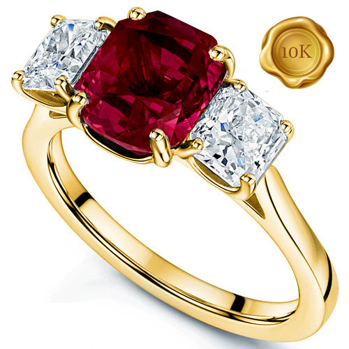 JLUXS ELEGANT 2.00 LAB GROWN MOZAMBIQUE RUBY & 1.60 CTS DIAMOND MOISSANITE (RADIANT CUT/VVS) 10KT YELLOW SOLID GOLD RING