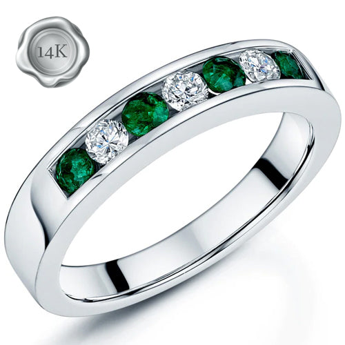 JLUXS ADORABLE LAB GROWN COLOMBIAN EMERALD & LAB GROWN DIAMOND (VS) 14KT SOLID WHITE GOLD BAND RING