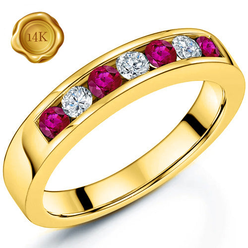 JLUXS SPARKLING LAB GROWN MOZAMBIQUE RUBY & LAB GROWN DIAMOND 14KT SOLID YELLOW GOLD BAND RING