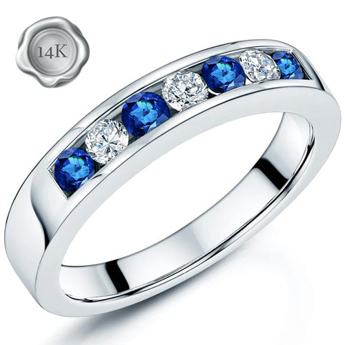 JLUXS GORGEOUS LAB GROWN SRI LANKA SAPPHIRE & LAB GROWN DIAMOND 14KT SOLID WHITE GOLD BAND RING