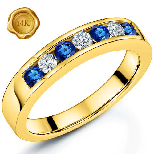 JLUXS AWESOME LAB GROWN SRI LANKA SAPPHIRE & LAB GROWN DIAMOND 14KT SOLID YELLOW GOLD BAND RING