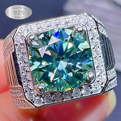 JLUXS (Gra Certificate Report) Brilliant Mens White Gold Rhodium Over Sterling Silver Created White Sapphire and 5.00 Cts Blue Diamond Moissanite Designer Ring