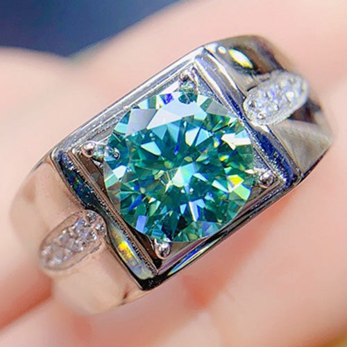 JLUXS (Gra Certificate Report) Spectacular Mens White Gold Rhodium Over Sterling Silver Created White Sapphire and 2.00 Cts Blue Diamond Moissanite Designer Ring