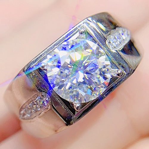 JLUXS (Gra Certificate Report) Stunning Mens White Gold Rhodium Over Sterling Silver Created White Sapphire and 2.00 Cts Diamond Moissanite Designer Ring