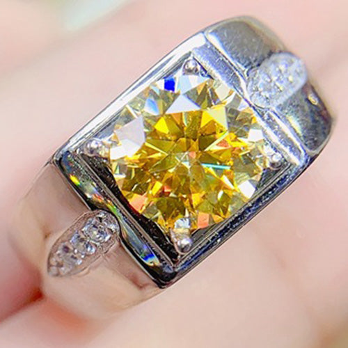 JLUXS (Gra Certificate Report) Beautiful Mens White Gold Rhodium Over Sterling Silver Created White Sapphire and 2.00 Cts Yellow Diamond Moissanite Designer Ring