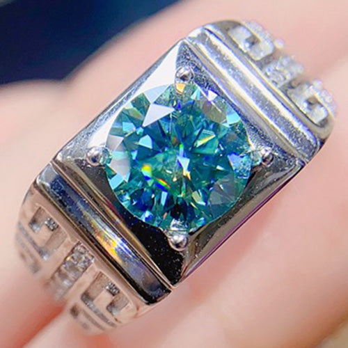JLUXS (Gra Certificate Report) Foxy Mens White Gold Rhodium Over Sterling Silver Created White Sapphire and 2.00 Cts Blue Diamond Moissanite Designer Ring