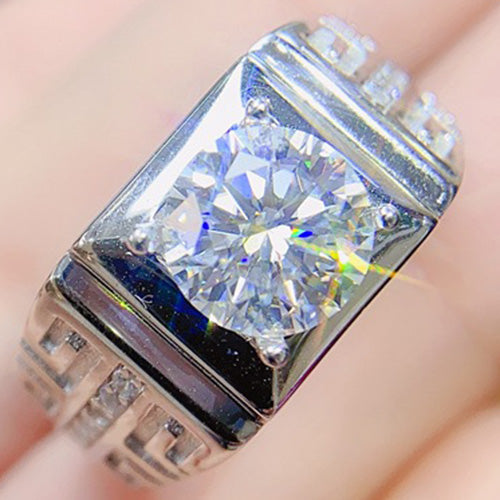 Dazzling Mens White Gold Rhodium Over Sterling Silver Created White Sapphire and 2.00 Cts Diamond Moissanite Designer Ring