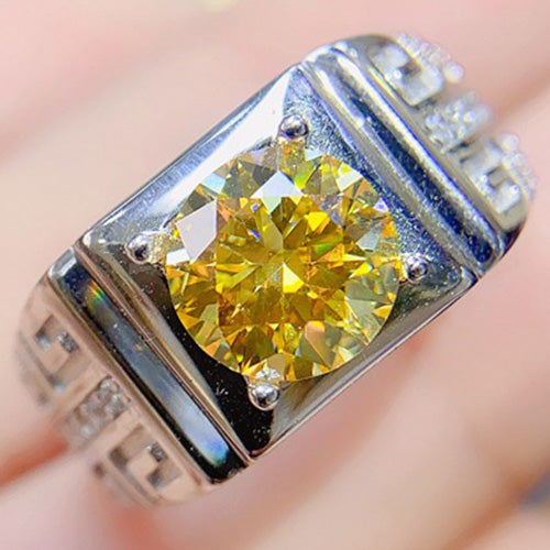 Captivating Mens White Gold Rhodium Over Sterling Silver Created White Sapphire and 2.00 Cts Yellow Diamond Moissanite Designer Ring
