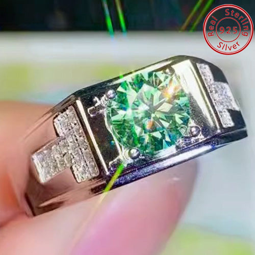 JLUXS (Gra Certificate Report) Gorgeous Mens White Gold Rhodium Over Sterling Silver Created White Sapphire and 3.00 Cts Blue Diamond Moissanite Designer Ring